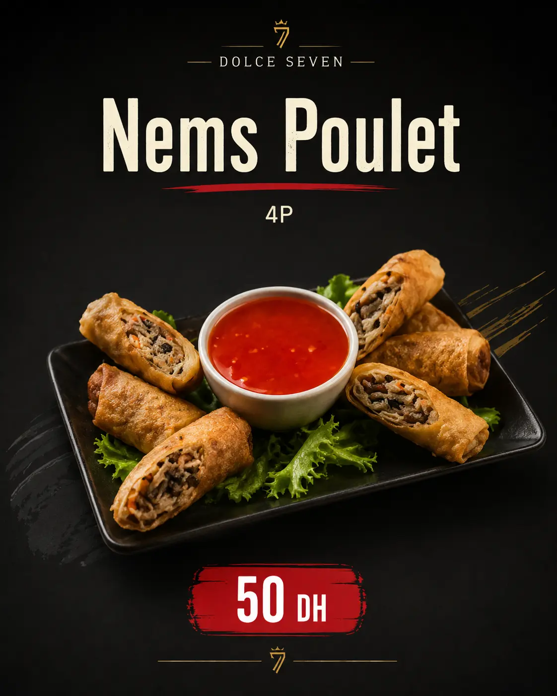 Nems de pollo de Dolce Seven servidos con salsa