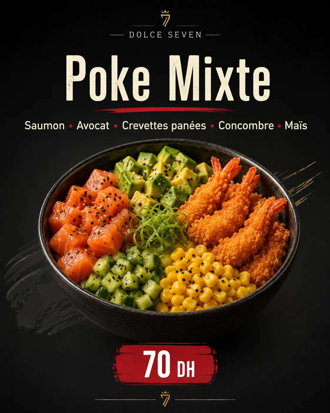 Poke Mixte de Dolce Seven: salmón, aguacate, gambas rebozadas, pepino y maíz